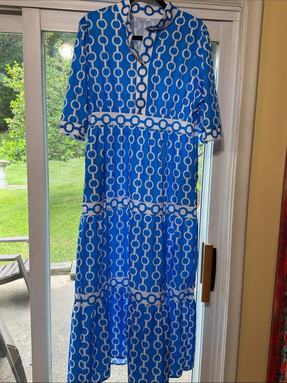 Bright Blue/White Chain-Print Tiered Lightweight Maxi Dress, Large